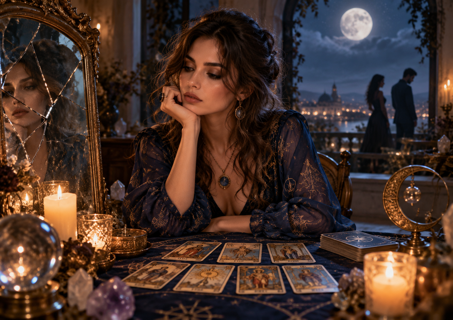 Una donna pensierosa davanti ai Tarocchi, tra dubbi sentimentali, amore e sospetto di tradimento.