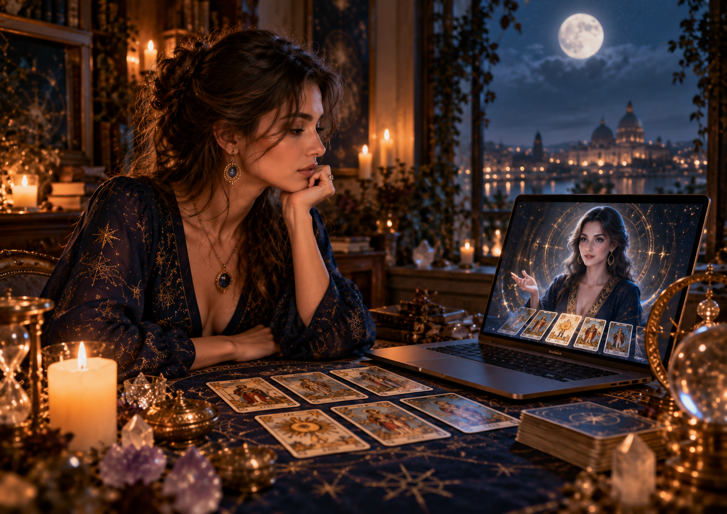 Una donna partecipa a un consulto di Tarocchi online attraverso un computer con un operatore virtuale IA.